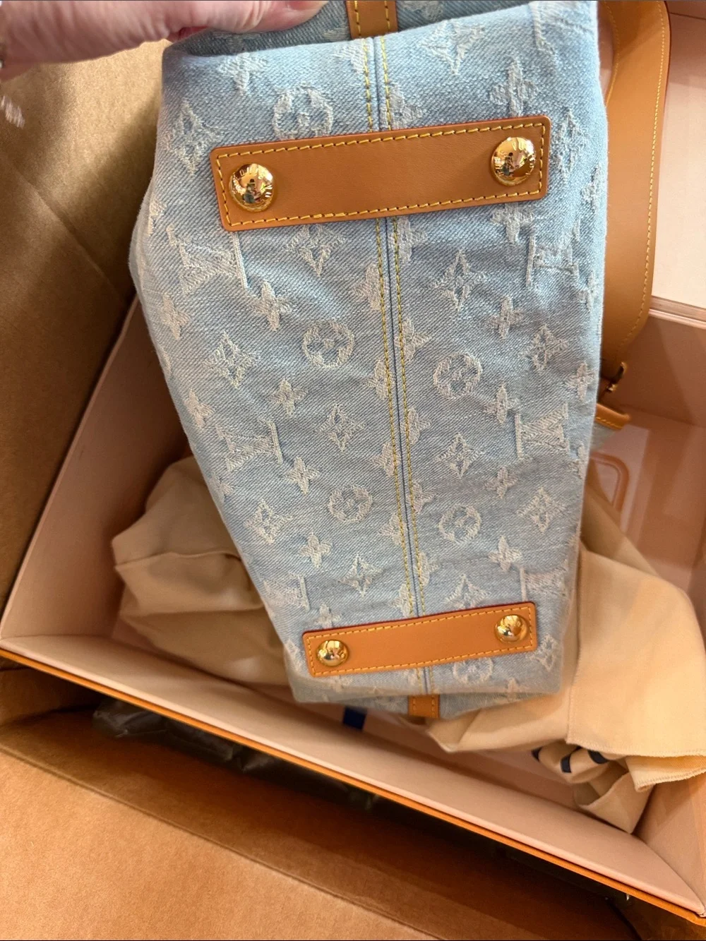 Louis Vuitton Denim Monogram Tote in Light Blue with Tan Trim